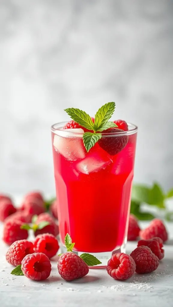 A refreshing raspberry drink garnished with mint leaves, surrounded by fresh raspberries.