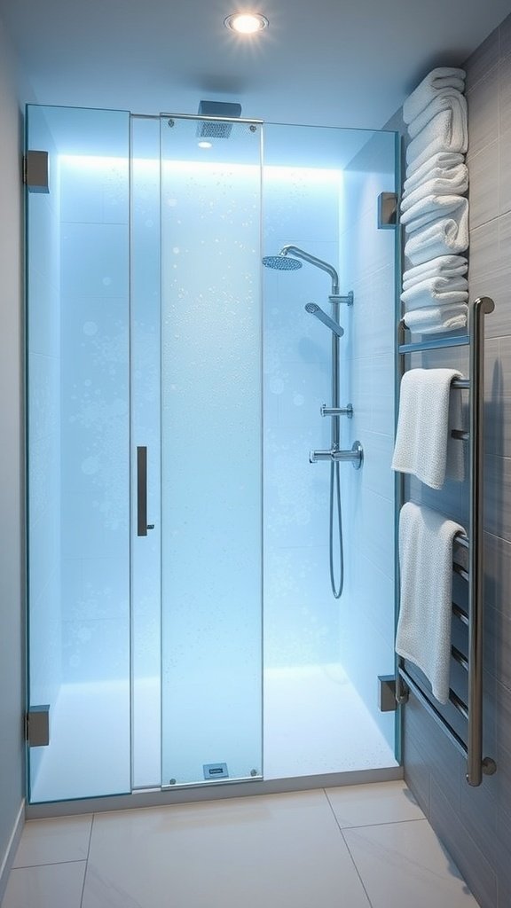 A modern bathroom shower with glass panels and blue lighting, resembling the icy planet Hoth from Star Wars.