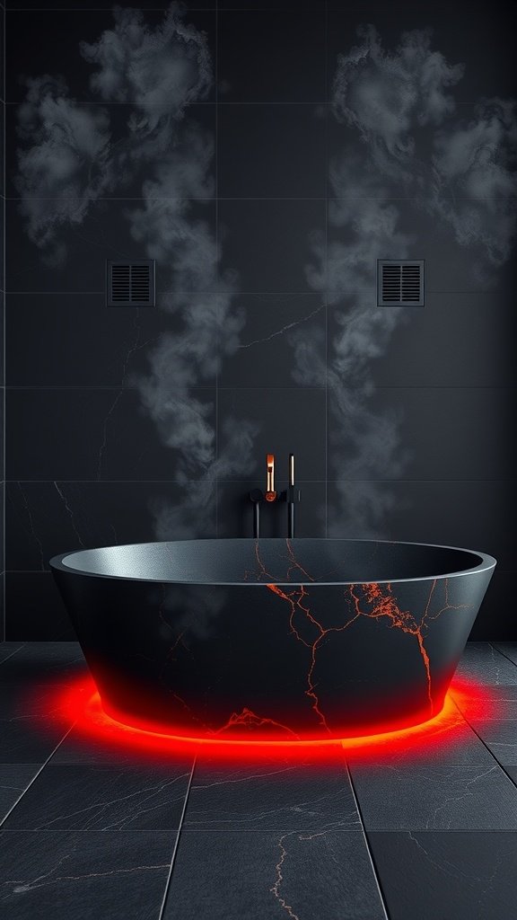 A modern bathroom featuring a black tub with glowing red accents, set against dark tiles, evoking the fiery landscape of Mustafar.