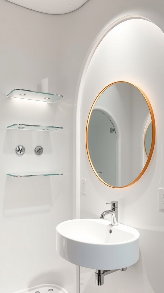 A modern powder room inspired by Cloud City from Star Wars, featuring a circular mirror, sleek white walls, and glass shelves.