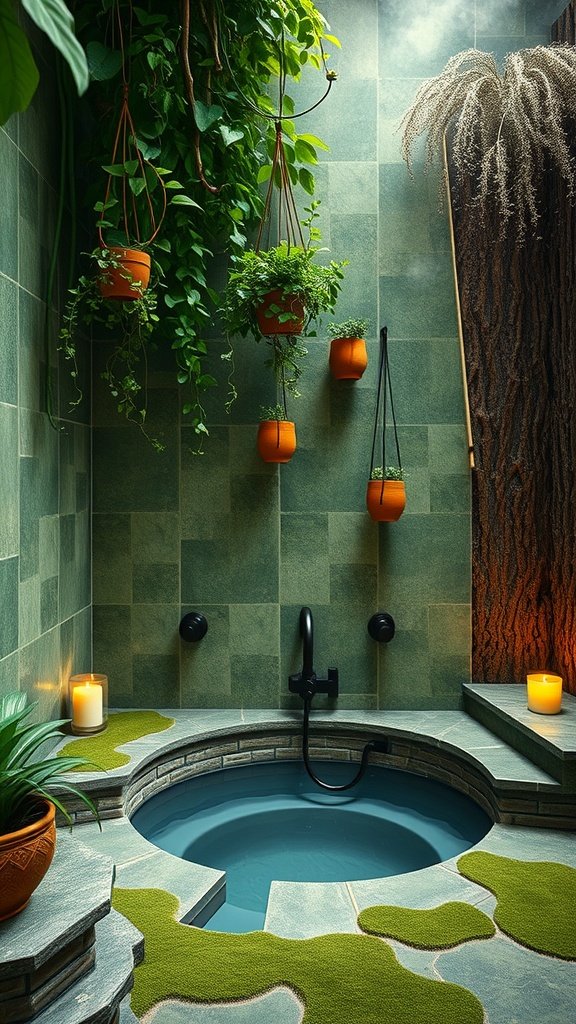 A tranquil bathroom inspired by Dagobah, featuring a soaking tub, greenery, and earthy tones.