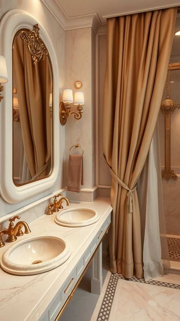 Elegant bathroom vanity inspired by Naboo, featuring marble countertops, gold fixtures, and soft drapes.