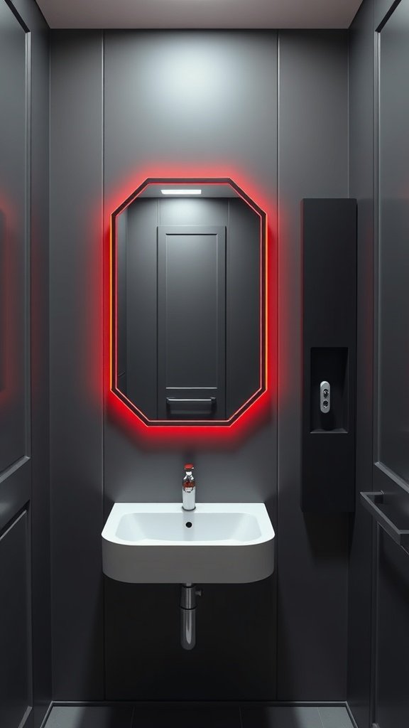 A minimalist bathroom design inspired by the Death Star, featuring dark walls, a red-lit octagonal mirror, and a sleek sink.