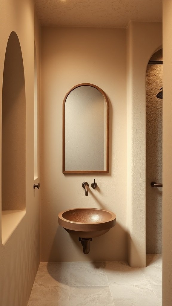A minimalist bathroom inspired by Tatooine, featuring earthy tones, a unique basin, and arched windows.