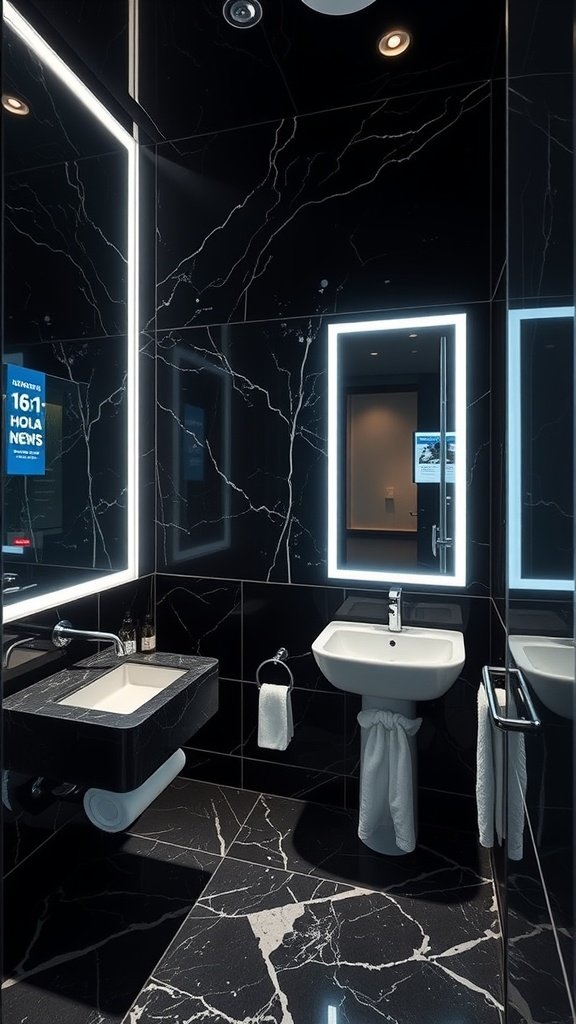 A modern bathroom with dark marble finishes, illuminated mirror, and sleek design.