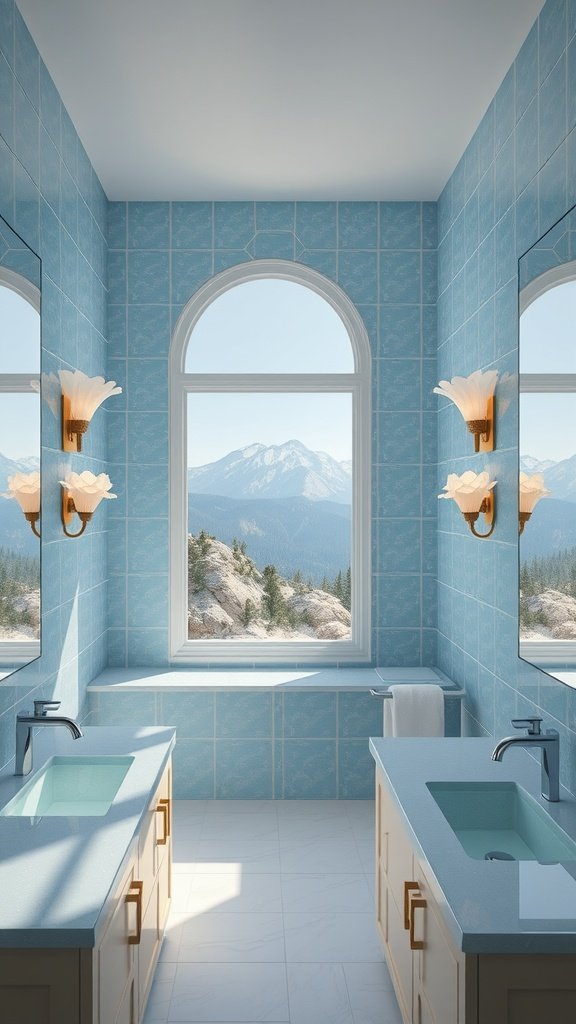 A serene bathroom with blue tiles, dual sinks, and mountain views