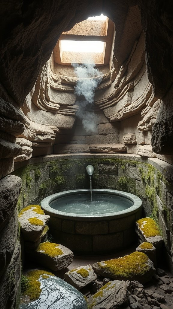 A serene bathroom inspired by Ahch-To, featuring a circular basin surrounded by natural stone and moss, with a skylight above.