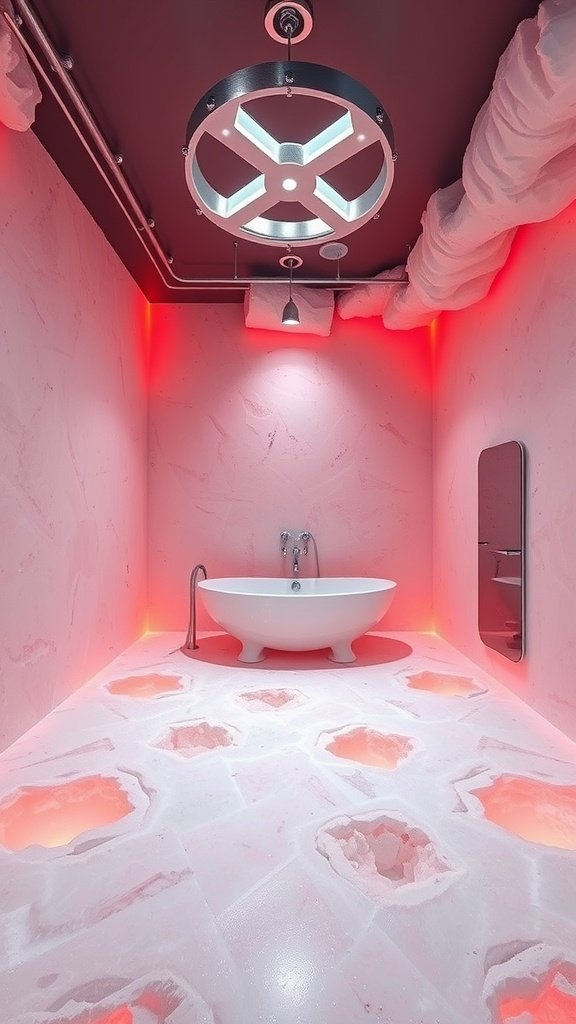 A modern bathroom inspired by Crait, featuring pink walls, glowing salt formations on the floor, and a freestanding bathtub.