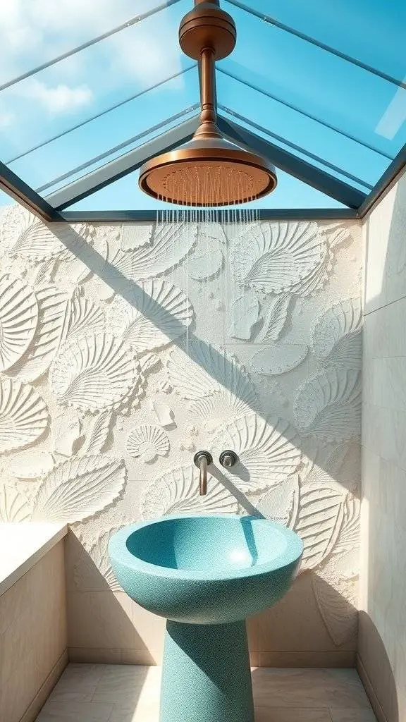 Scarif-inspired open-air washroom with a blue sink and overhead shower