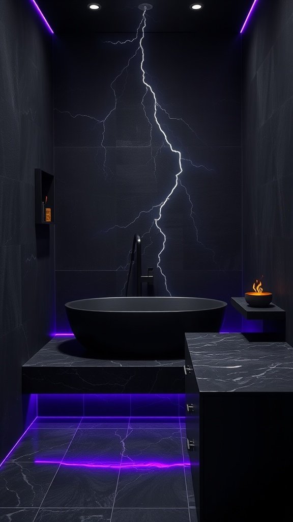 A dark bathroom design inspired by Exegol, featuring a black bathtub, stone walls, and purple lighting.