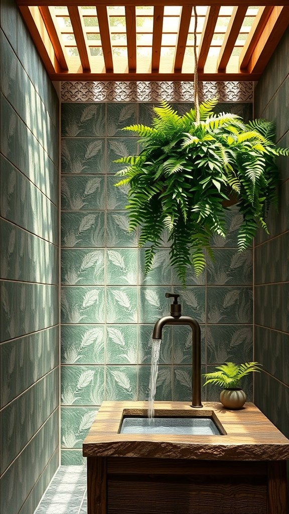 A Yavin Jungle Shower Nook featuring leaf-patterned tiles, a wooden sink, and hanging ferns.