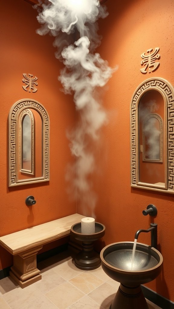 A warm-toned bathroom inspired by the Jedha Desert, featuring two elegant basins and ornate mirrors.