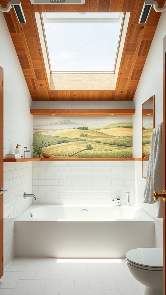 A modern bathroom with a large bathtub, wooden accents, and a mural of fields.