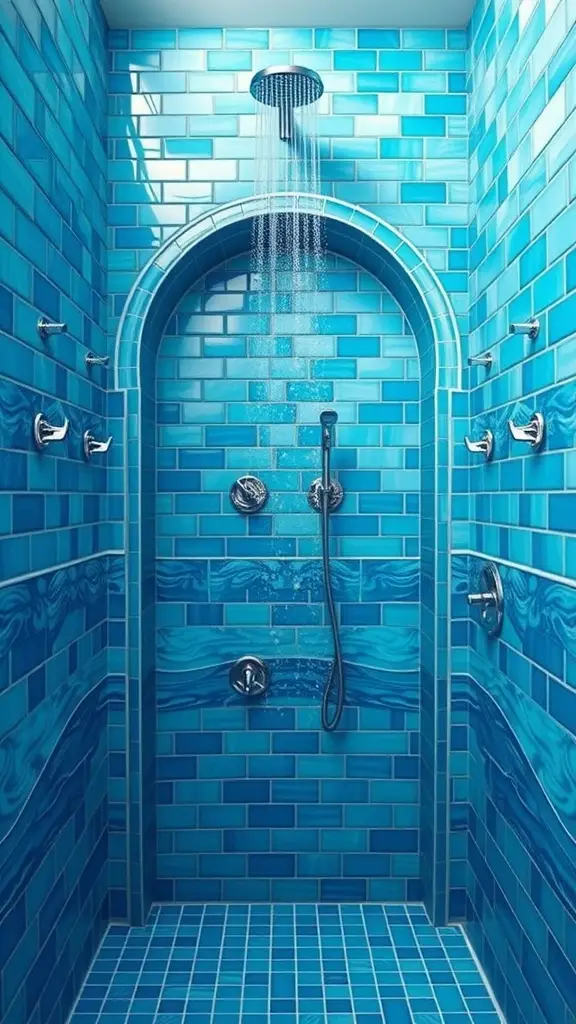 A bright blue tiled shower area with an archway, resembling an aquatic theme inspired by Mon Cala.
