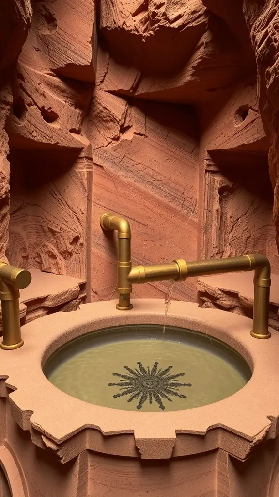 A Geonosis-inspired stone rinse room with a circular basin and brass fixtures.