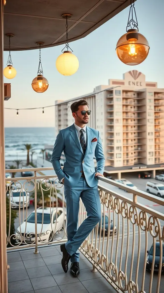 A man in a blue suit standing on a hotel terrace with ocean view and hanging lights.