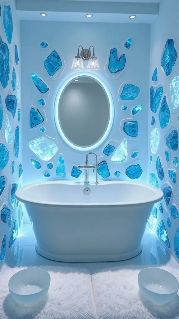 A serene bathroom design inspired by Ilum, featuring blue crystal accents and a freestanding bathtub.