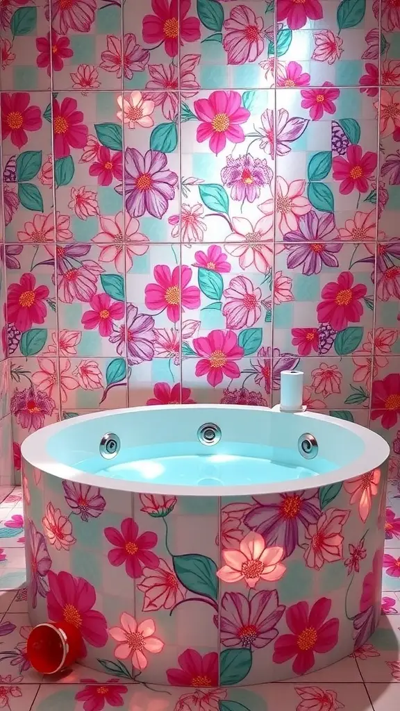 A vibrant bathroom with floral tiles and a round tub filled with blue water, inspired by the planet Felucia from Star Wars.