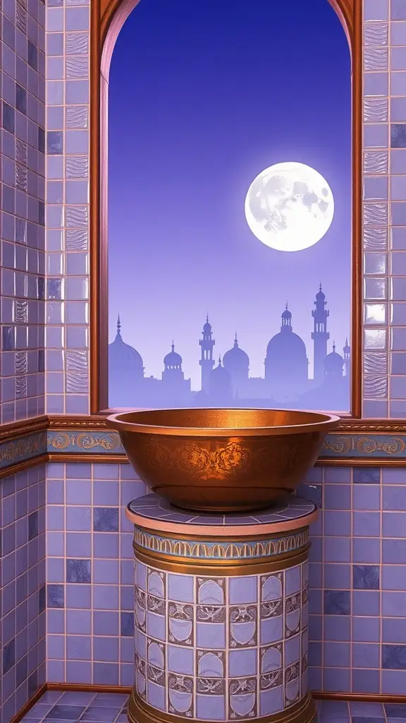A beautifully designed bathroom inspired by Ryloth, featuring a purple evening sky and an ornate basin.