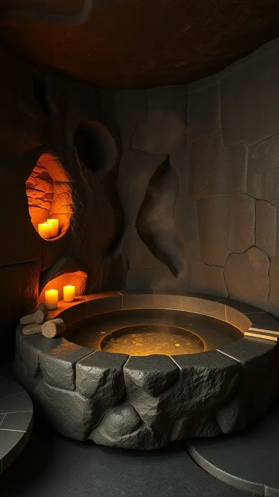 A stone bathing grotto inspired by Nevarro, featuring a stone bathtub, candles, and textured walls.