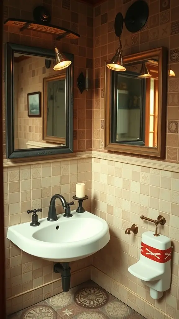 A cozy bathroom inspired by D'Qar, featuring warm lighting, textured tiles, and a unique sink design.