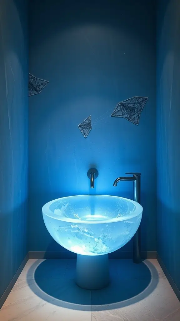 A glowing blue sink in a modern bathroom with geometric wall designs.