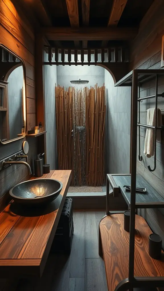 A rustic bathroom space inspired by Batuu, featuring wooden beams, metallic bowls, and a warm atmosphere.
