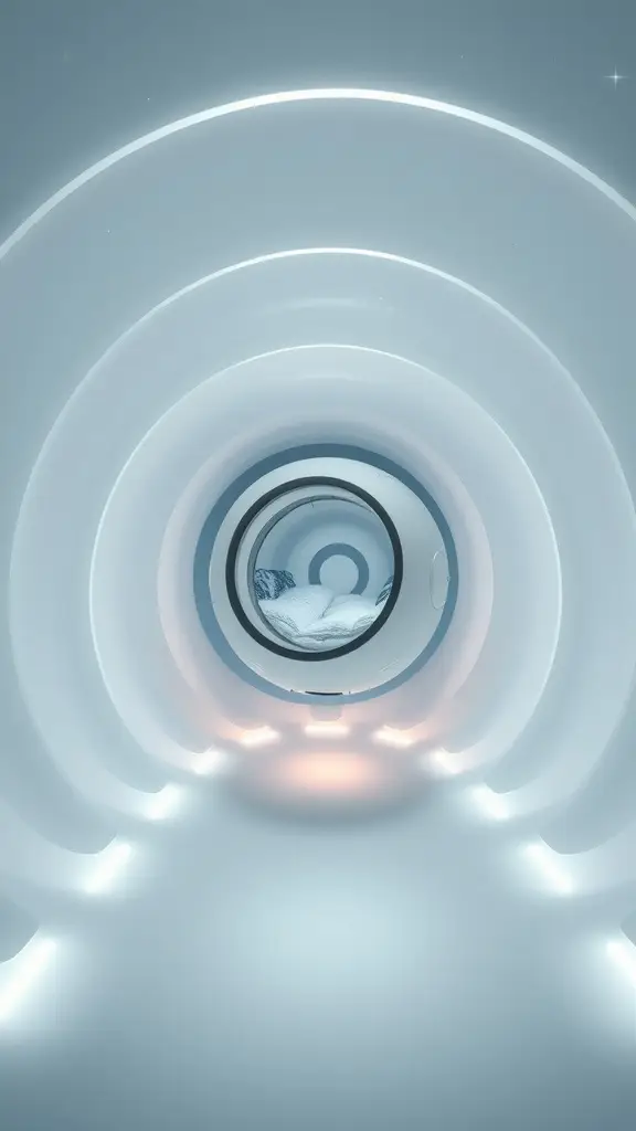 A futuristic bathroom design inspired by the Polis Massa gravitational pod, featuring a sleek pod-like structure and soft lighting.
