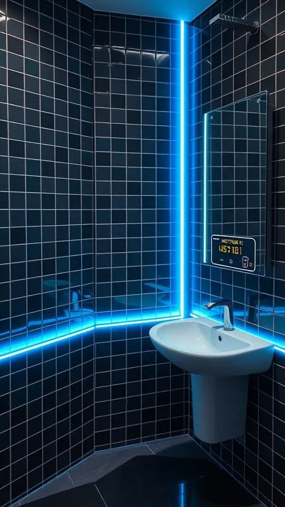 A modern bathroom design inspired by Taris from Star Wars, featuring dark tiles and blue LED lighting.