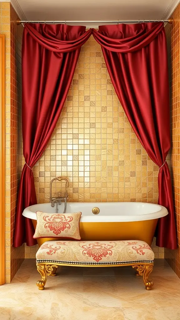 Luxurious bathroom with golden tiles, a freestanding bathtub, and red drapes.