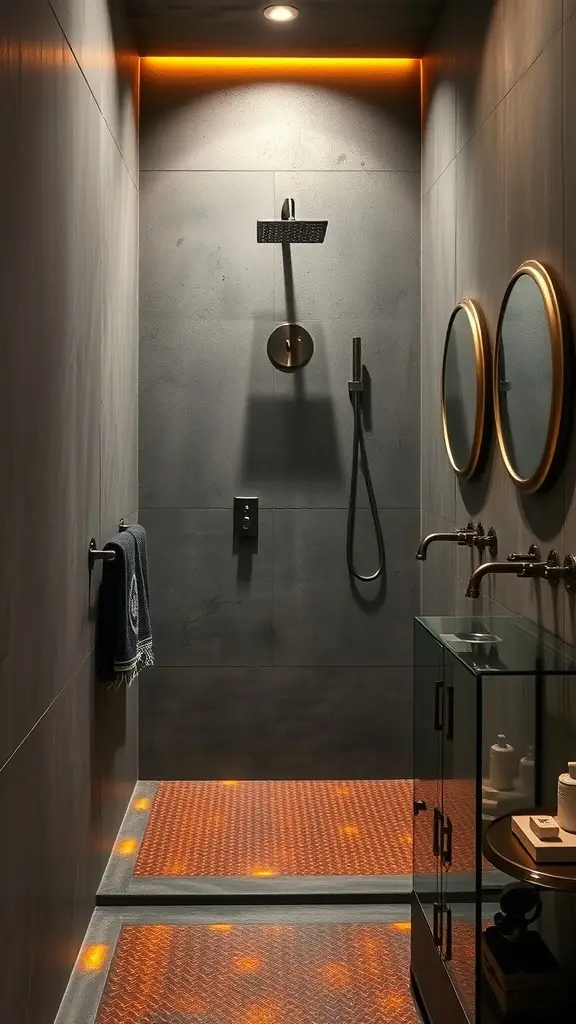 A modern bathroom design inspired by D'Qar, featuring gray walls, orange lighting, and textured flooring.