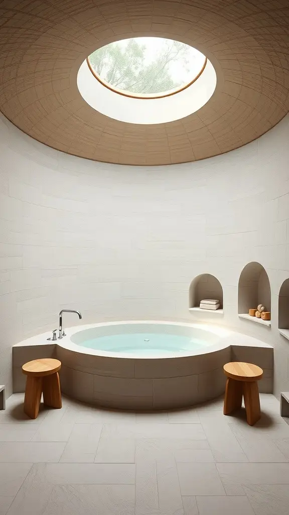 A serene bathroom design inspired by Utapau, featuring a circular soaking tub, neutral tones, and a skylight.