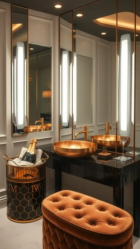 Luxurious Canto Bight inspired powder room with copper sinks and modern decor.