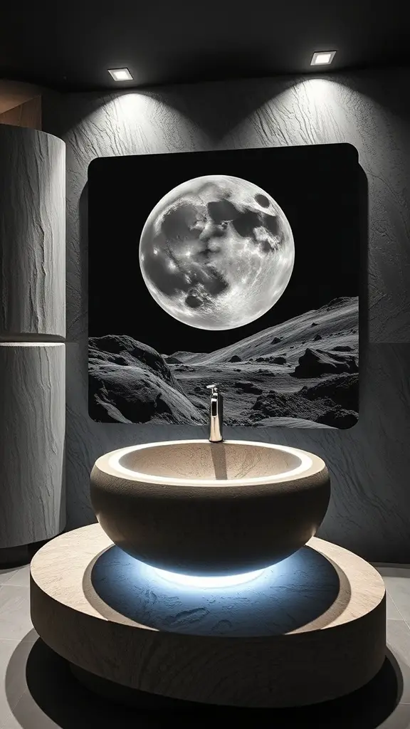 A modern bathroom design featuring a round sink with a glowing base and a moon backdrop.