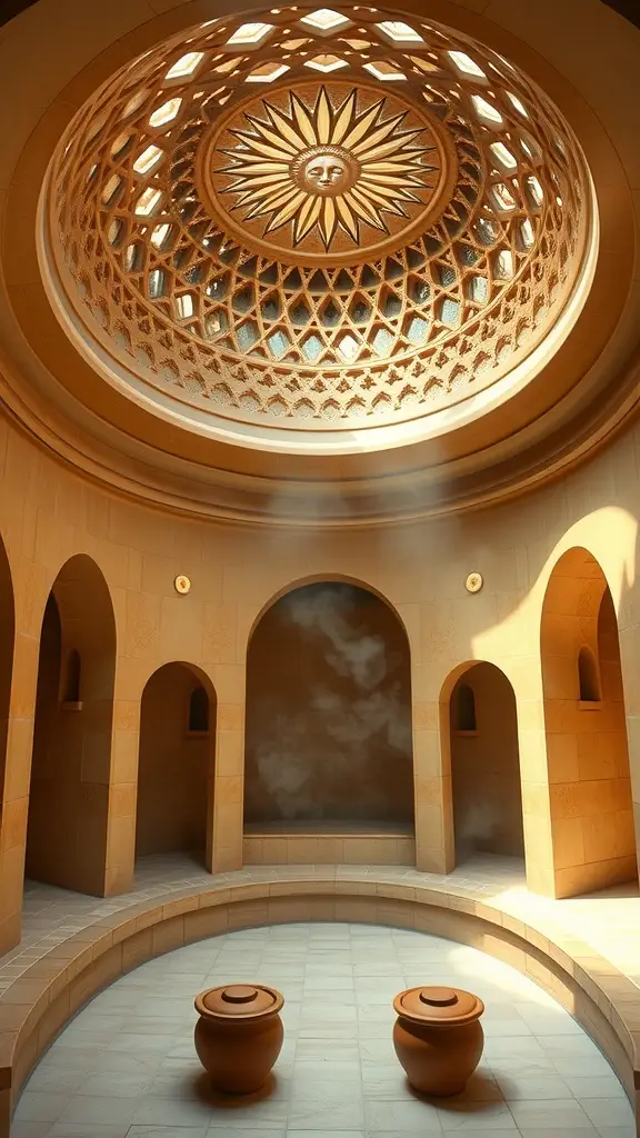 A Tatooine-inspired adobe steam room with a circular seating area and intricate ceiling design.