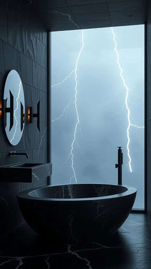 A modern bathroom with a black marble bathtub, dark walls, and a stormy view outside.