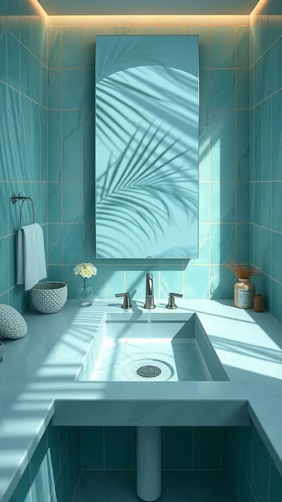 A bathroom design inspired by Scarif with turquoise tiles, a marble countertop, and palm leaves.