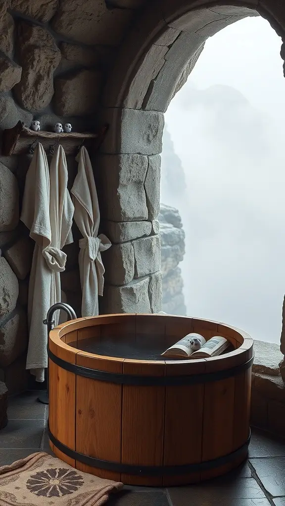 A wooden meditation tub in a stone bathroom with robes and a towel, overlooking misty mountains.