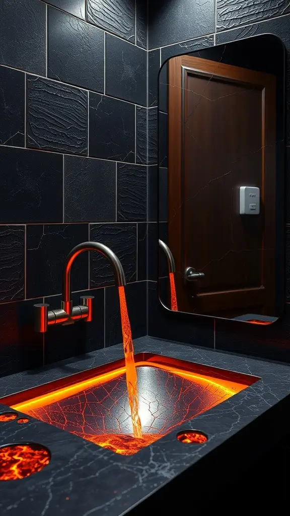 A modern bathroom sink designed to resemble molten lava, featuring dark stone and glowing orange accents.