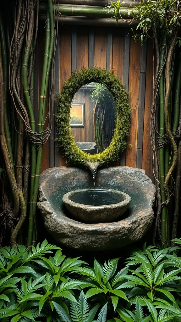A bathroom inspired by Dagobah, featuring bamboo, vines, and a stone basin.