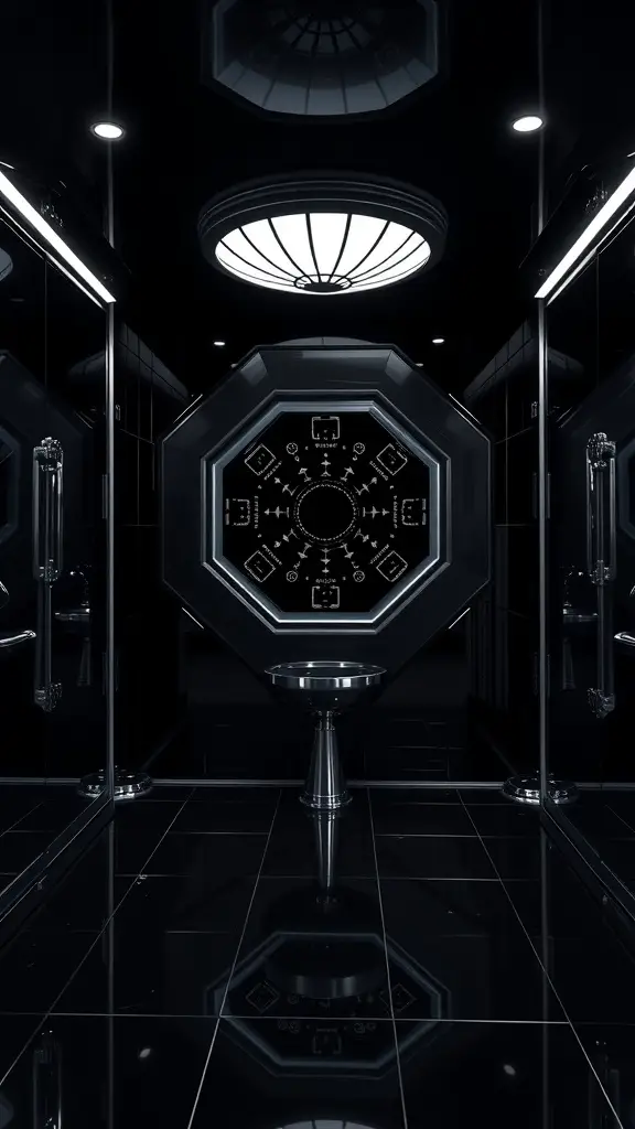A sleek black bathroom with an octagonal sink and modern lighting, inspired by the Death Star.