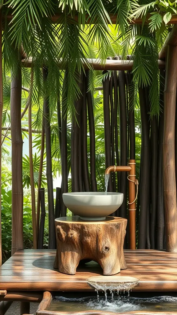 Open-air shower inspired by Ewok Village with wooden basin and lush greenery.