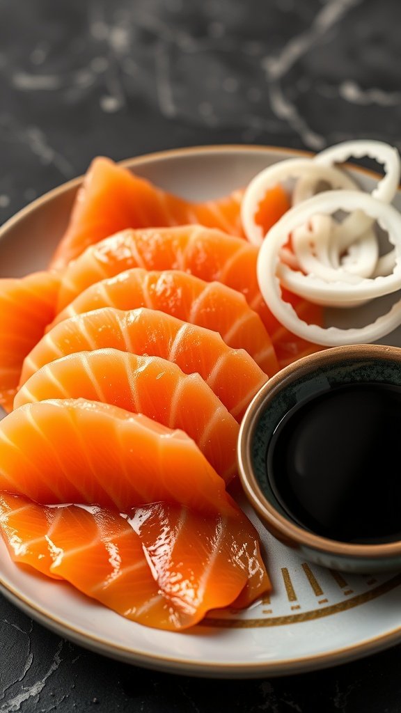 A plate of salmon sashimi with soy sauce and garnishes