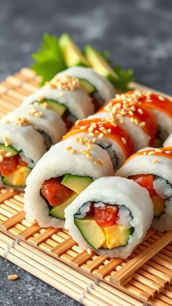 Delicious Naboo Style Spicy Tuna Rolls on a bamboo mat