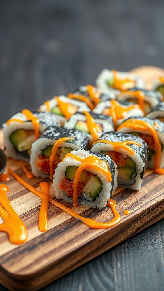 A beautifully arranged plate of mackerel sushi rolls drizzled with spicy sauce.