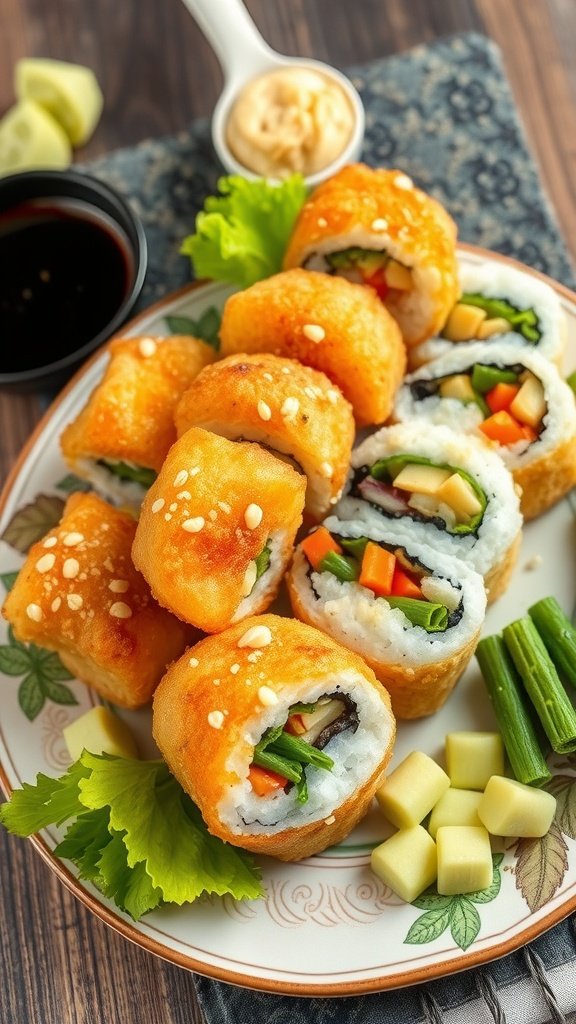 A plate of Naboo Vegetable Tempura Sushi, featuring crispy tempura rolls filled with colorful vegetables.