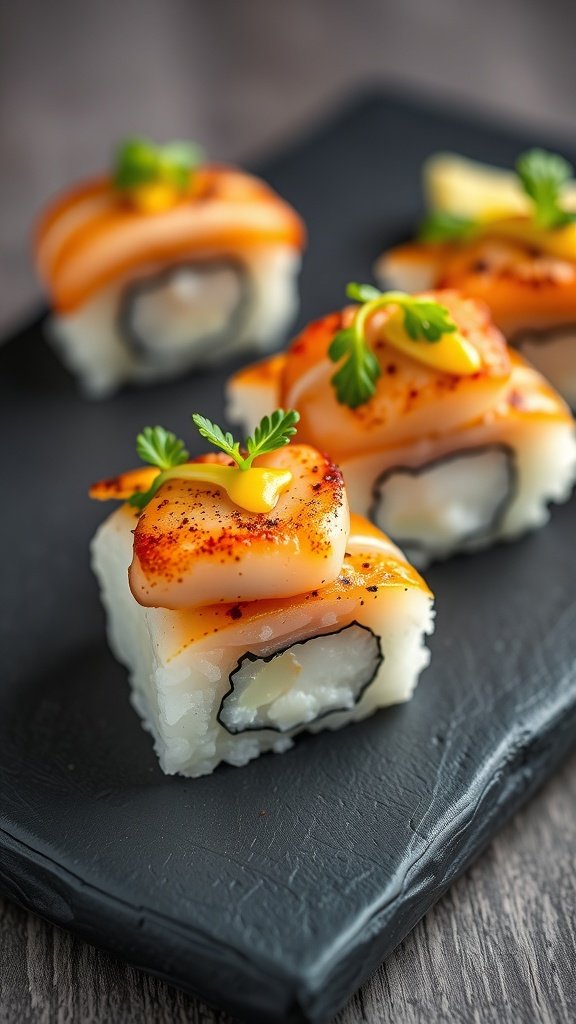 A plate of Senator's Scallop Nigiri sushi featuring scallops on rice.