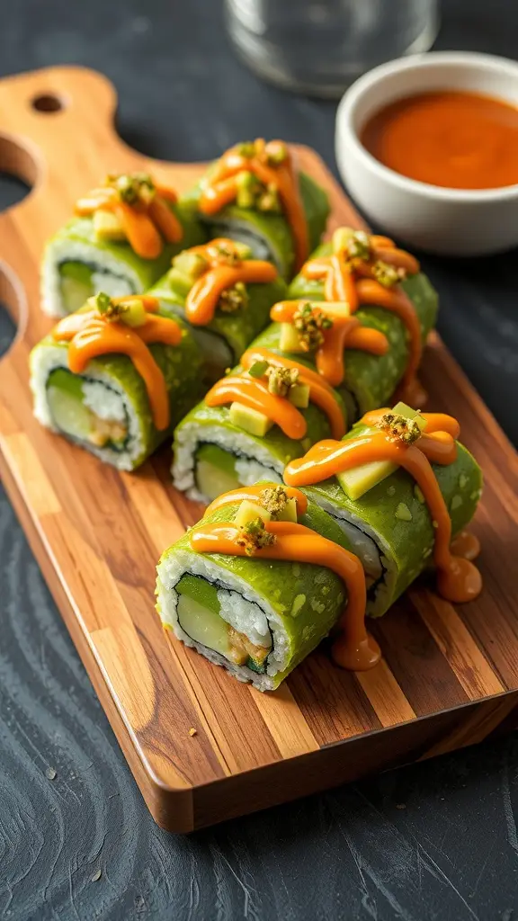A wooden board with Gungan Green Dragon Sushi rolls drizzled with spicy mayo.