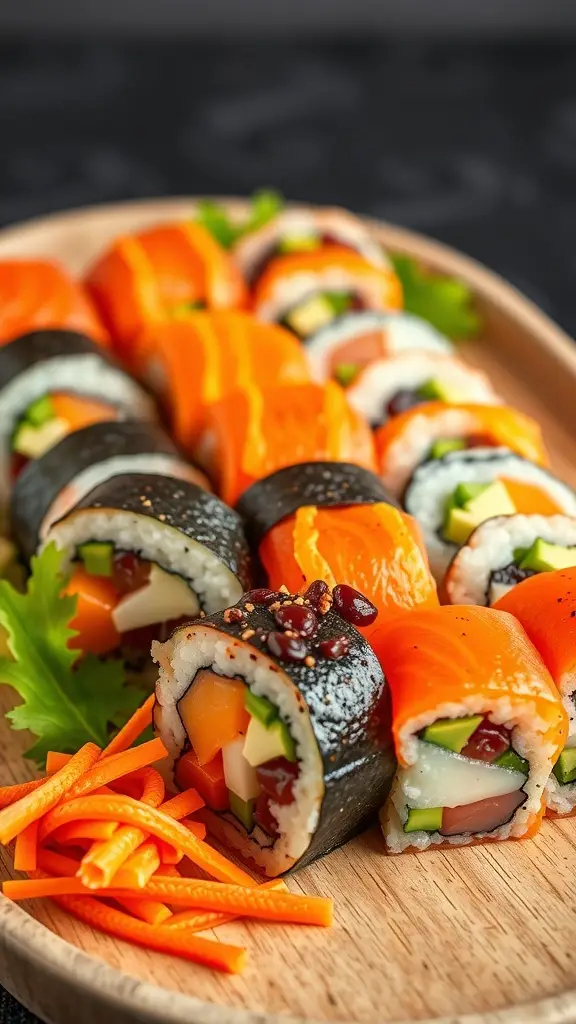A platter of colorful sushi rolls featuring salmon, avocado, cucumber, and carrot, garnished with sesame seeds and served with carrot strips.