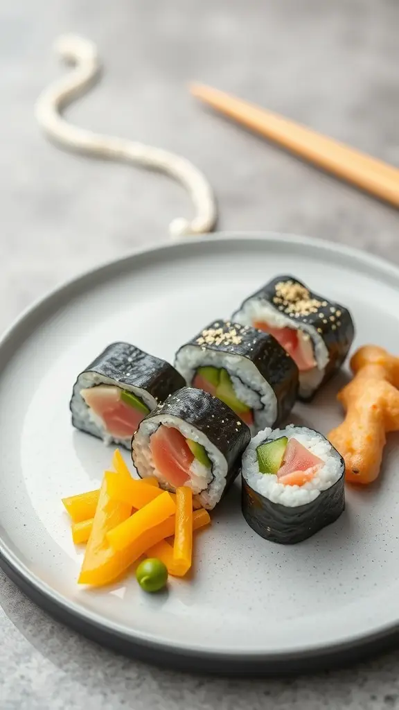 A plate of yellowtail sushi rolls with cucumber and avocado, garnished with sesame seeds and served with pickled ginger.